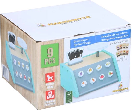 Marionette Holzspielzeug Spielzeugwaage - Mit 9 Karten - Lernspielzeug - FSC Label - Holz