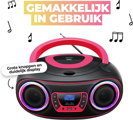 Denver Tragbares DAB-Radio CD-Player Kinder - Bluetooth - Lichteffekte - Boombox - AUX - FM - TDB212PINK