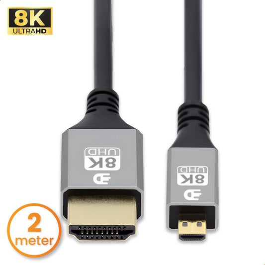 Drivv. Premium Micro HDMI zu HDMI Kabel 2.1 - 8K 60Hz / 4K 120Hz Ultra HD - Geeignet für Kamera, GoPro, Computer - 2 Meter - Grau
