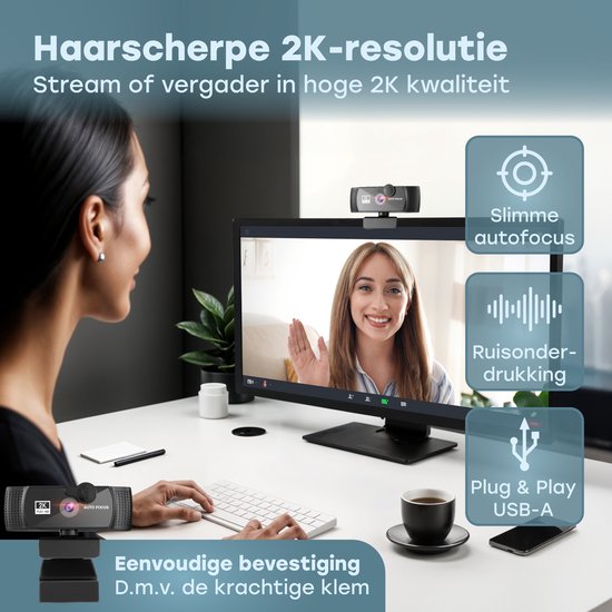Audyn Webcam - 5MP - 2K Full HD - mit Mikrofon - für PC - inkl. Abdeckung & Ständer - Streaming Kamera - Webcams