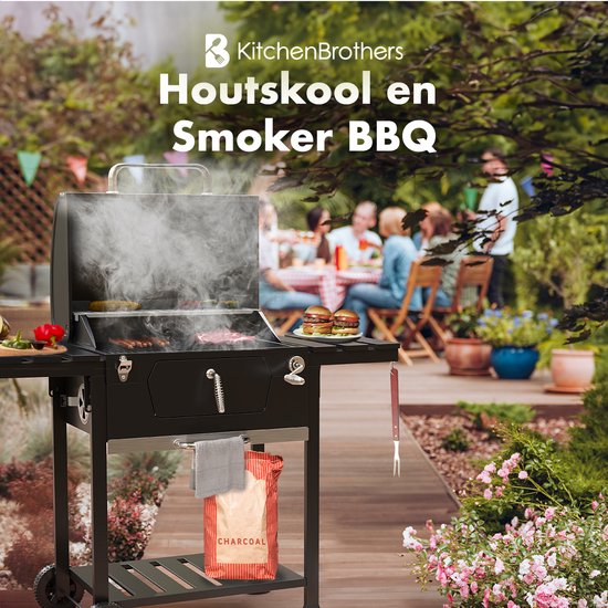 KitchenBrothers Holzkohlegrill - Verstellbarer Kohlerost - 42x57cm Grillfläche - Seitenwände - Schwarz