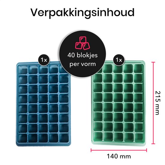 KitchenLove Silikon Eiswürfelform mit Deckel (2 Stück) - 80 Eiswürfel - Quadratisch - BPA frei - 100% Silikon - Grün & Blau