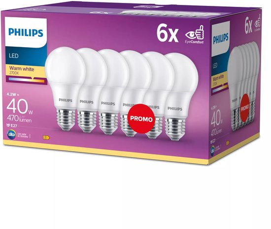 Energieeffiziente Philips LED-Glühbirne Mat - 40 W - E27 - warmweißes Licht - 6 Stück - Sparen Sie Energiekosten