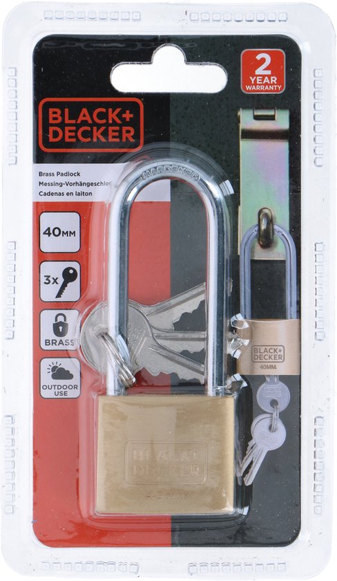 BLACK+DECKER Vorhängeschloss - 40mm - Langer Bügel - Inkl. 3 Schlüssel - Massivmessingschloss