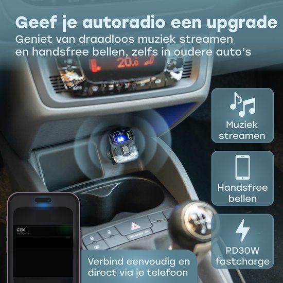 Audyn Bluetooth FM Transmitter - USB-A & USB-C - Bluetooth-Empfänger - Schnellladegerät - Autoladegerät - Carkit - Autozubehör - RGB