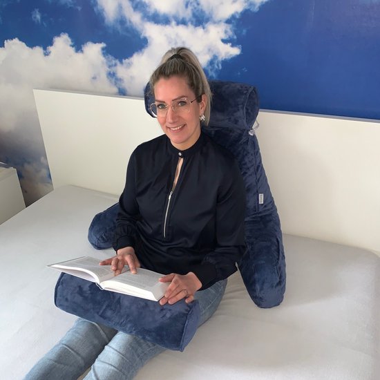 Q-Living XXL Lesekissen mit extra Nackenrolle - Relaxkissen - Sitzkissen - Rückenstütze - Lesekissen fürs Bett - Blau