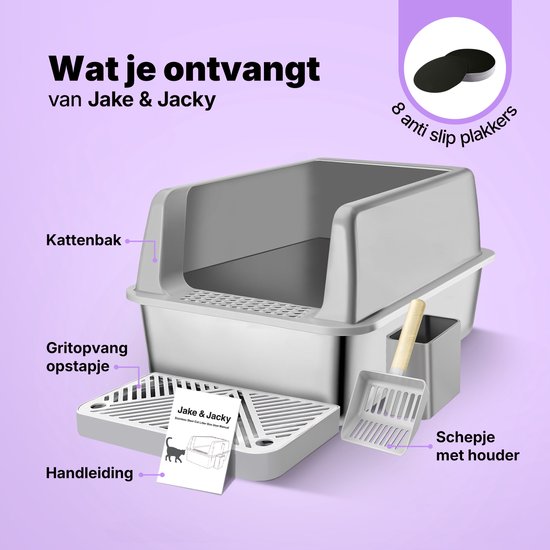 Jake und Jacky Edelstahl Katzentoilette - Offene Katzentoilette - Inkl. Katzentoilettenschaufel mit Halterung und Streusammelstufe - 60x40x30cm