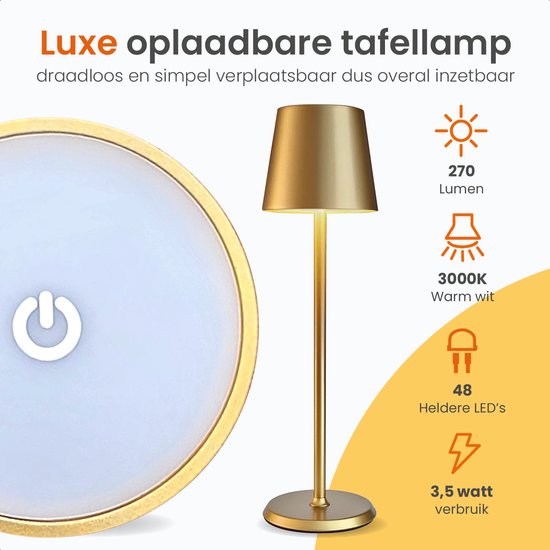 Goliving Essence Tischlampe Wiederaufladbar - 2 Stück - Kabellos und dimmbar - Moderne Touch-Lampe - Nachtlampe für das Schlafzimmer - 38 cm - Gold