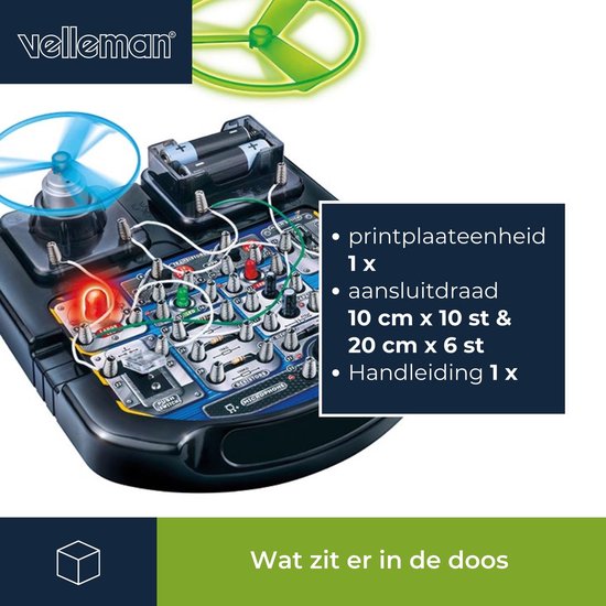 Velleman Elektronisches Projekt-Kit für Kinder ab 8 Jahren, entdecken Sie die Grundlagen der Elektronik mit 18 spannenden Experimenten, pädagogischen und interaktiven Spaß, LED, Lüfter und Sound