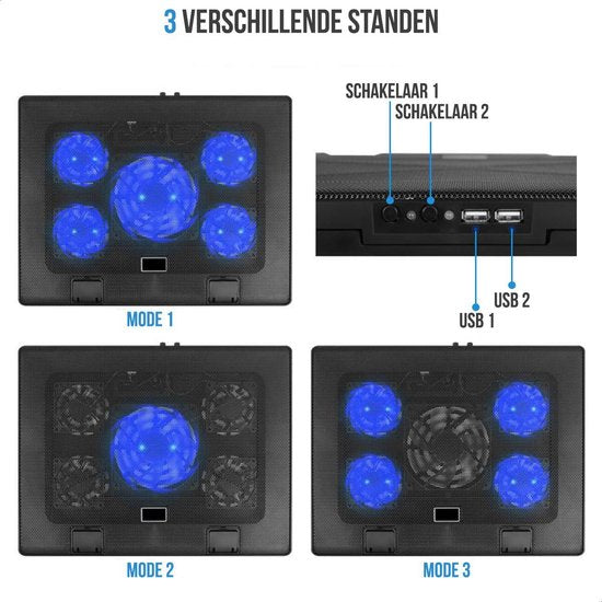 Strex Laptop Kühler Ständer - 5 Lüfter - 3 Kühlmodi - 6 Höhenstufen - Für 10-17 Zoll Laptops - Schwarz