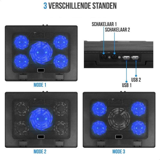 Strex Laptop Kühler Ständer - 5 Lüfter - 3 Kühlmodi - 6 Höhenstufen - Für 10-17 Zoll Laptops - Schwarz