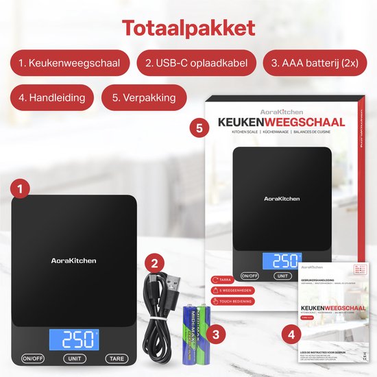 AoraKitchen Küchenwaage Digital - Usb Wiederaufladbar - 1g bis 15kg - Präzisionswaage - Tara