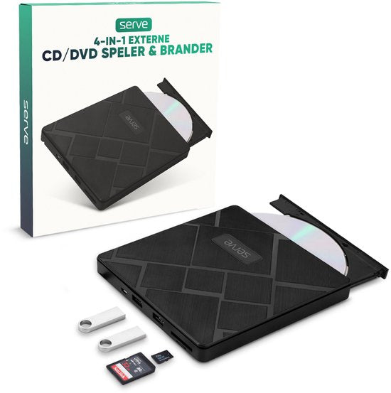 Serve 4-in-1 Externer CD / DVD Player & Brenner für PC, Laptop & Mac iOS - Plug & Play - SD & Micro SD Kartensteckplatz + USB Hub