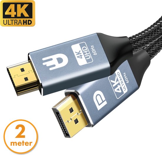 Drivv. Premium Displayport zu HDMI Kabel - 4K 60hz - Nylon - 2 Meter - Grau
