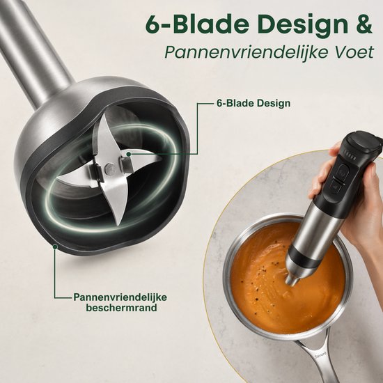 Savoré Kitchen Stabmixer Pro+ 1500 W – Mixer-Set mit Zerkleinerer (600 ml), Schneebesen, Milchaufschäumer und Messbecher – 5 Geschwindigkeitsstufen – 6 Klingen – Edelstahl