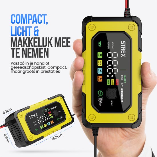Strex 12V 7A Batterieladegerät - Tropf- und Schnellladegerät mit LCD-Anzeige - für Auto-, Motorrad-, Boots- und AGM/Blei-Batterien - Reparaturmodus