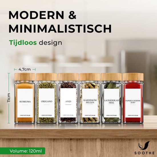 Soothe 48 Glasgewürzdosen quadratisch mit Bambusdeckel - 2 Arten von Streudeckeln - Gewürzstreuer - Gewürzdosen - Komplettset inkl. Gewürzsticker, Kreidestift und Zubehör - 120ml