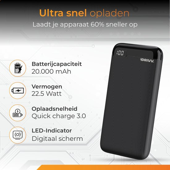 Drivv. Powerbank 20.000 mAh - Inklusive 100w-Ladekabel - 22,5W Schnellladegerät - Quick Charge USB 3.0 - USB C - Geeignet für Samsung / iPhone / mehr - LED - Schwarz, u.a.