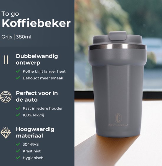 Castagnola Thermos Cup - Kaffeebecher To Go - Reisebecher für Kaffee und Tee - Teebecher - 380 ML - Edelstahl - Grau - Octagon