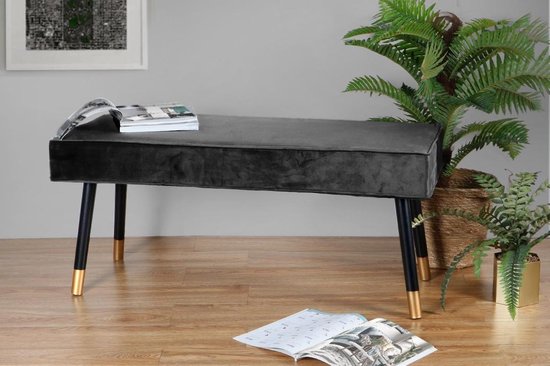 LIFA LIVING Flurbank Barcelona - Grau & Gold - Modern - Samt & Holz - 101 x 42 x 45 cm