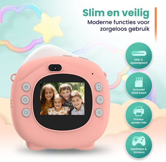 ODESSEY Kinderkamera mit Drucker - Full HD - Selfie-Kamera - 32GB SD-Karte - Foto - Video - Spiele - Digitalkamera Kinder - Fotokamera für Kinder - Pink
