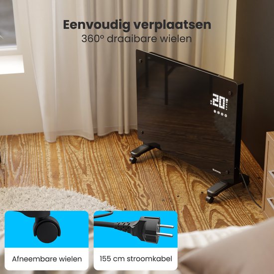 Auronic Elektroheizung - Mit Thermostat und Fernbedienung - Glasheizkörper - 1500W Heizleistung - Für Räume bis zu 20 m²- Schwarz