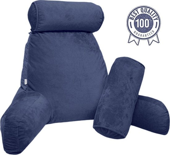 Q-Living XXL Lesekissen mit extra Nackenrolle - Relaxkissen - Sitzkissen - Rückenstütze - Lesekissen fürs Bett - Blau