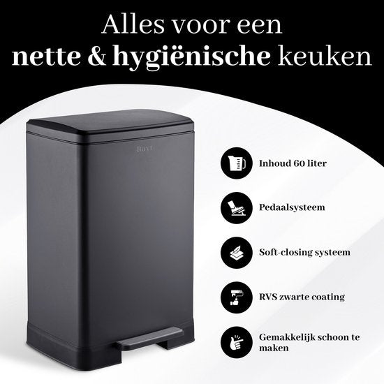 Bayt Mülleimer - Mülleimer 60 Liter - Treteimer 60 Liter - Abfalleimer - Inklusive 2 Rollen Müllbeutel - Edelstahl - Schwarz