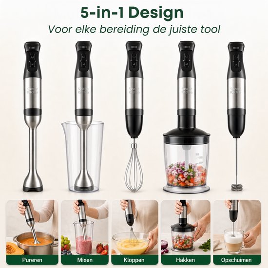 Savoré Kitchen Stabmixer Pro+ 1500 W – Mixer-Set mit Zerkleinerer (600 ml), Schneebesen, Milchaufschäumer und Messbecher – 5 Geschwindigkeitsstufen – 6 Klingen – Edelstahl