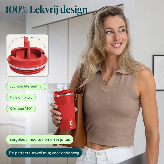 Castagnola Thermos Cup - Kaffeebecher To Go - Reisebecher für Kaffee und Tee - Teebecher - 510 ML - Edelstahl - Rot