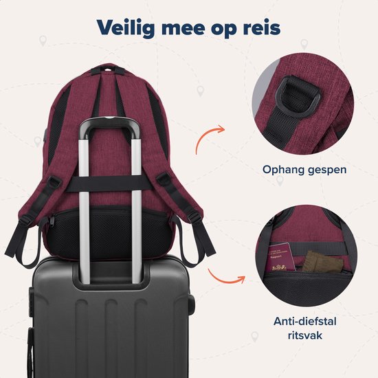 TRVLMORE Rucksack - Rucksack mit 17.3 Zoll Laptopfach - Schultasche - Spritzwassergeschützt - Männer und Frauen - Jungen und Mädchen - 36L - Burgunderrot