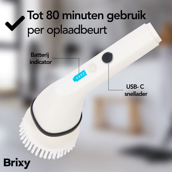 Brixy Elektrische Reinigungsbürste - Ausziehbare Schrubberbürste - Kabellos - 8 Aufsätze - Schrubber - Weiß