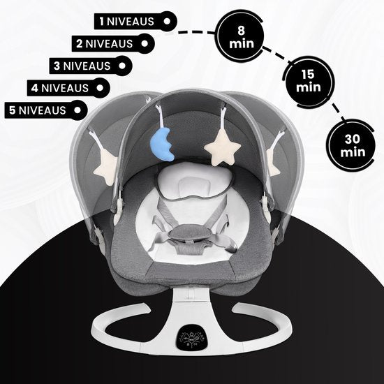 Oemmie Elektrischer Schaukelstuhl - Babyschaukel - Schaukelstuhl Baby - Babywippe - Inklusive Bluetooth-Funktion und Fernbedienung - 5 Schaukelpositionen - Grau