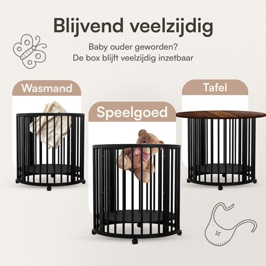 Flowsense Baby Box - Runder Laufstall - Bodenbox - Laufstall - mit Matratze - höhenverstellbar - Rollen - Schwarz