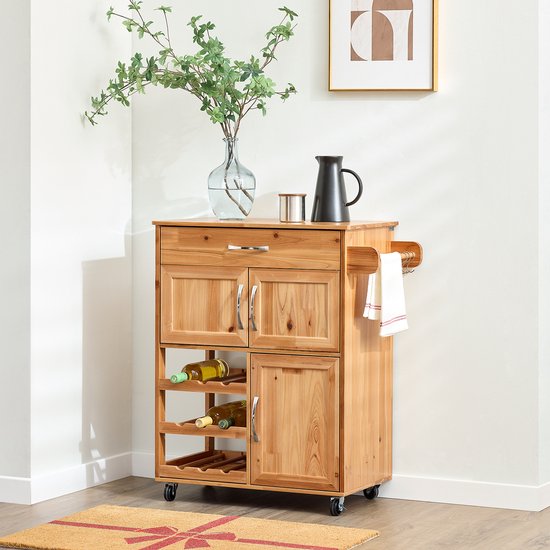 SoBuy Küchenwagen - Mit Schubladen und Weinregal - Mit Rädern und Arbeitsplatte - Kompakt - 66×38×86 cm - Naturfarbe