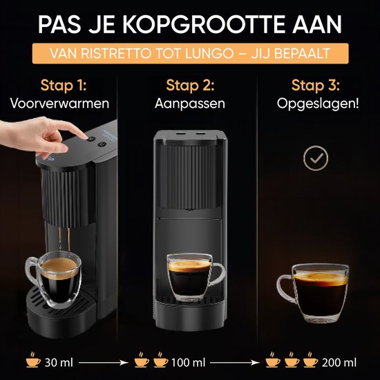 JAP Appliances Capsura Kaffeemaschine - Einstellbares Tassenvolumen 30 - 200 ml - Mit Tassen