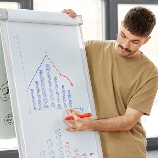 BRASQ Flipchart Mobile Deluxe - 70x100 cm - Verstellbares Whiteboard - Inklusive 25 Blatt Papier und Zubehör - mit ausziehbaren Armen - Magnettafel mit Haken - Magnettafel - Weiß