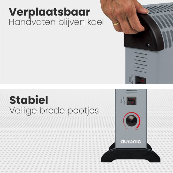 Auronic Elektrokonvektor - 750/1250/2000 Watt - Einstellbarer Thermostat - Heizung - Grau
