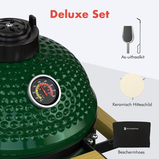 KitchenBrothers Kamado BBQ - 13 Zoll Holzkohlegrill - 27⌀ cm - PFAS-frei - Deluxe Set - Eiergrill mit Zubehör inklusive Abdeckung - Grün