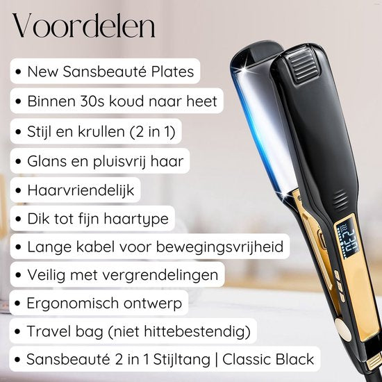 Sansbeauté® Professionelles Glätteisen - 2 in 1 - Lockenstab - Haarglätter - Schnelles Aufwärmen - 80℃ bis 230℃ - Glätten & Locken - ION-Technologie