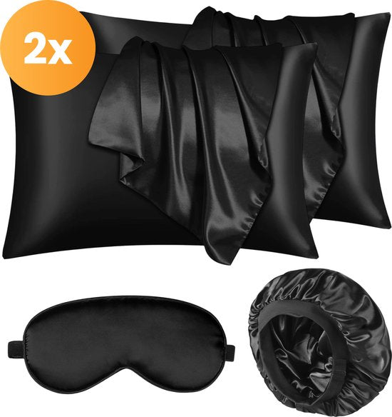 Satin Kopfkissenbezug - 50x70 - Inkl. Haube und Schlafmaske - Schwarz - Satin - Seide - Schönheit - Seide - Weich - Satin - Nussbaumseide