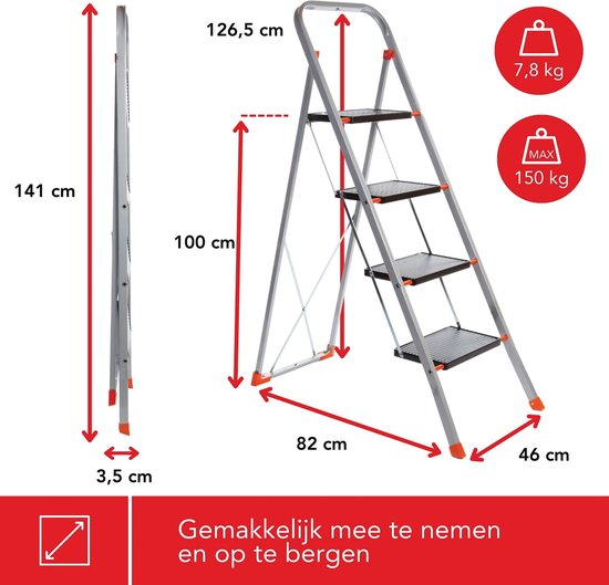 Toolland Stepix Stufenleiter, 4 Stufen, zusammenklappbar, Haushaltsleiter mit hohem Handgriff, rutschfesten Füßen und rutschfester Trittfläche auf den beiden Stufen, epoxidbeschichtet, Metall, Belastbarkeit bis 150 kg