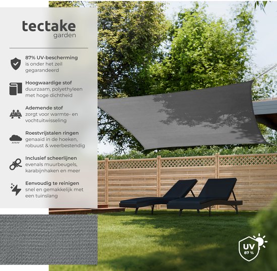 tectake® Rechteckiges Schattentuch Sunny - 3 x 5 m - Extra stabiles 185 g/m² HDPE-Sonnenschutztuch - 50+ UV-Schutz - wetterfest und reißfest - Sonnenschirm für Garten, Balkon, Terrasse - Sonnenschirm inklusive Befestigungsmaterial - Grau
