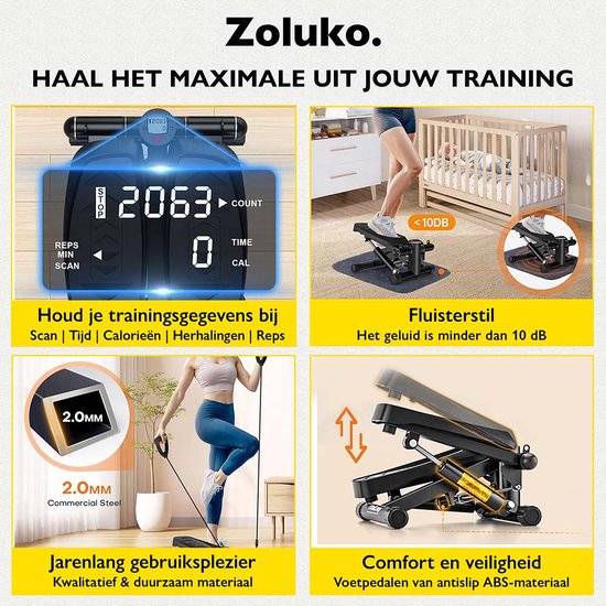 Zoluko Stepper mit Display - Inklusive Widerstandsbänder, Anti-Rutsch-Matte und E-Book - Stepper Fitness - Fitness Step - Mini Stepper - Step Fitness - Aerobic Step - Step - Stepper Fitness Gerät - Heimtrainer - Schwarz