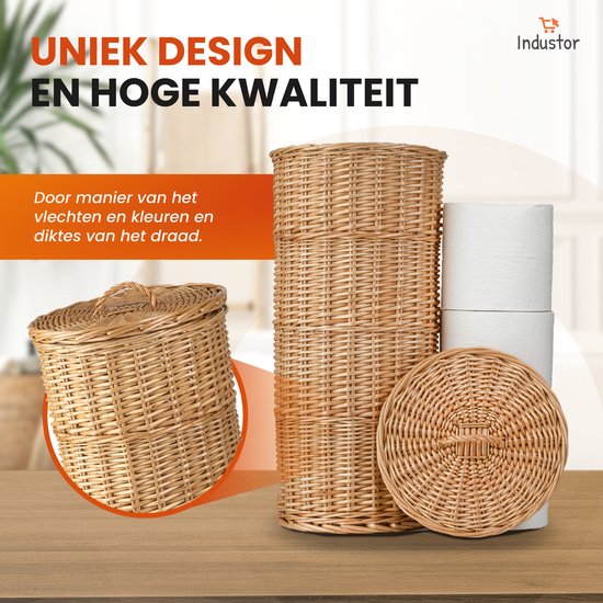 Industor® Toilettenpapierhalter Standing of hand-woven Wicker - Toilettenpapierhalter für 3 Rollen mit Deckel - Toilettenpapierhalter, Badaccessoires und Dekoration