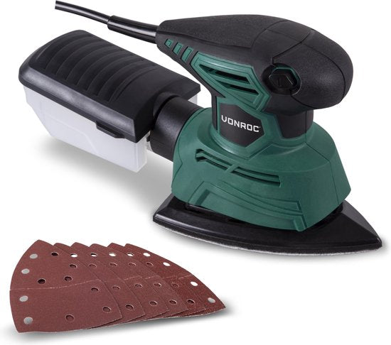 VONROC Multischleifer - Handschleifer - 130W - Mit Staubauffangbox & 6 Stück Schleifpapier