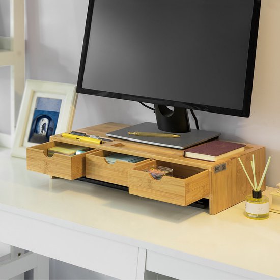 SoBuy BBF03-N Monitorständer Schreibtisch-Organizer mit 3 Schubladen - Bambus - 51x12x25cm