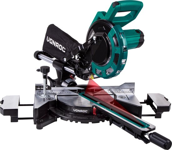 VONROC Kapp- und Gehrungssäge mit Zugfunktion - 2000W - Ø216MM - LED-Beleuchtung am Werkstück - Laser für perfekte Schnittlinie - Extra Schnittbreite 340mm - Verstellbare Tischverlängerungen mit Längenanschlag - Inklusive Sägeblatt & Werkstückspanner