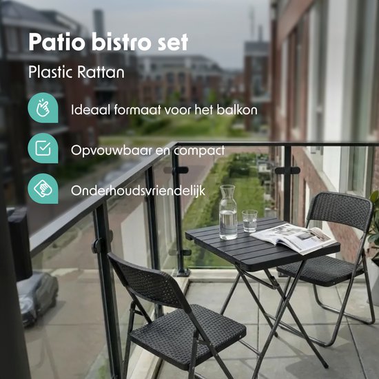 LifeGoods Bistro-Set - 3-teilig - klappbar - Rattan-Look - Garten-Set mit Beistelltisch - Schwarz - 200kg Tragkraft - wetterfest