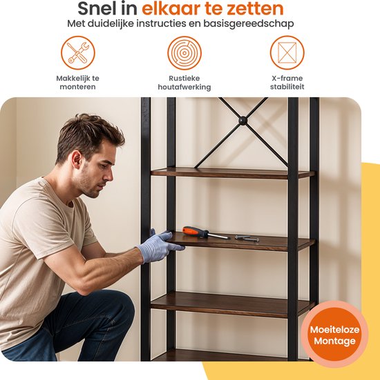 Goliving Bücherregal - 66 x 30 x 186 cm - 6 Lagen - Aufbewahrungsschrank - Wandschrank - Bücherregal - Ausstellungsschrank - Regalschrank - Wohnzimmerschrank - Industriell - Braun/Schwarz